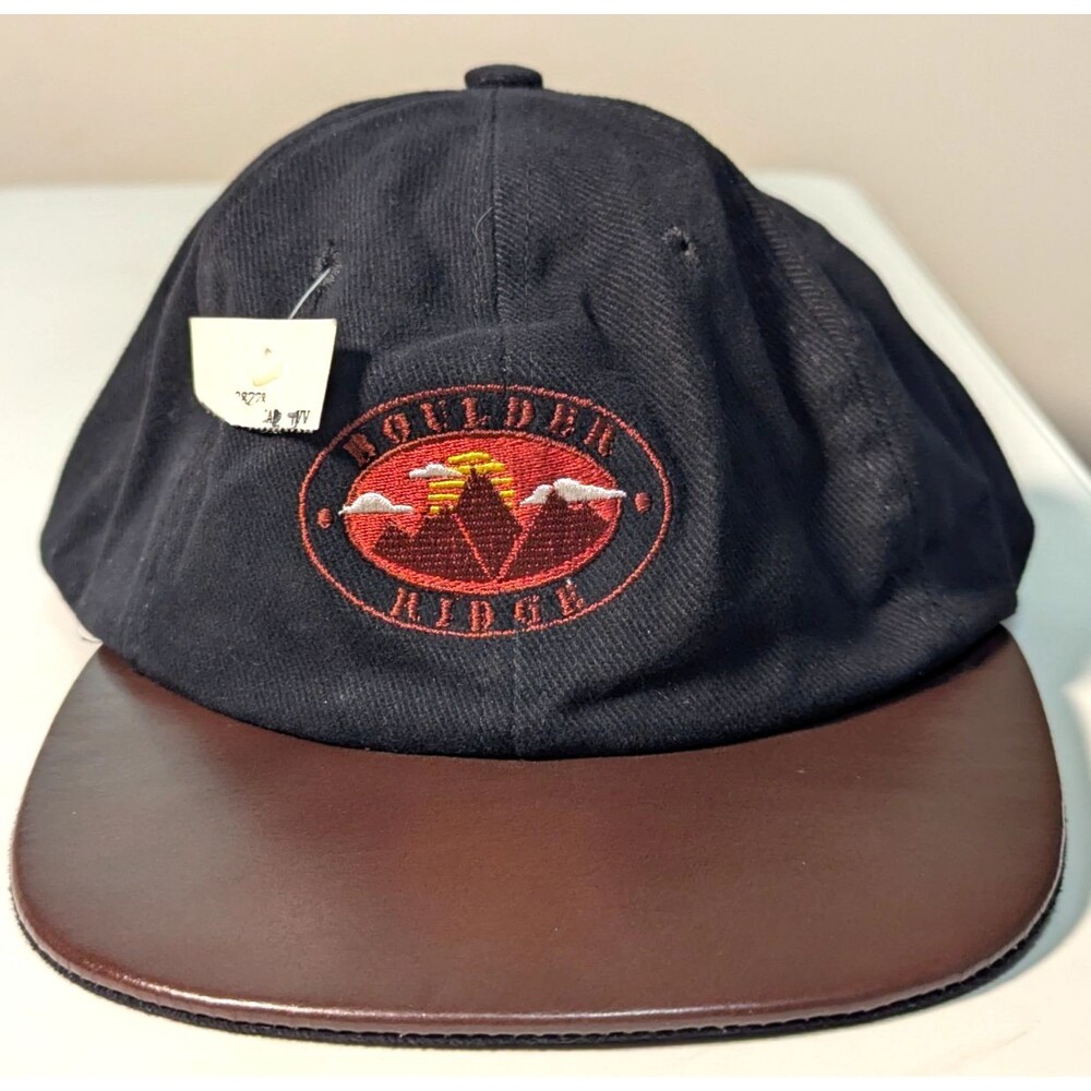 Vintage Boulder Ridge Strapback Hat Cap Black Cotton Leather Brim NWT 90s